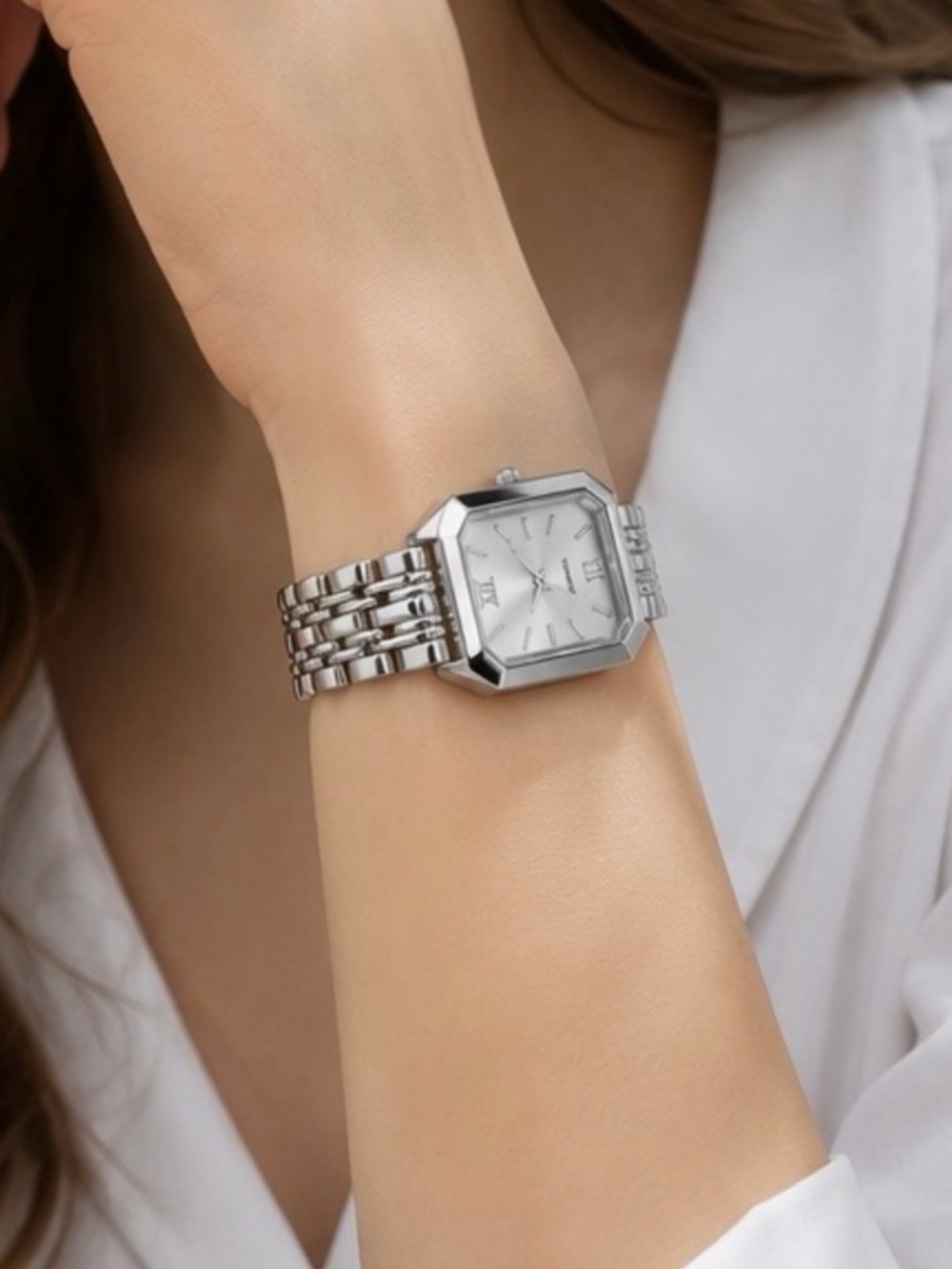 Silver Rectangular-Link Women's Watch - Picture 3 of 5